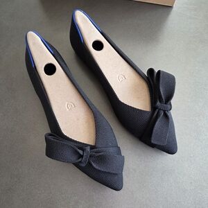 Rothy's Black Pointed-Toe Bow Flats with Blue Trim